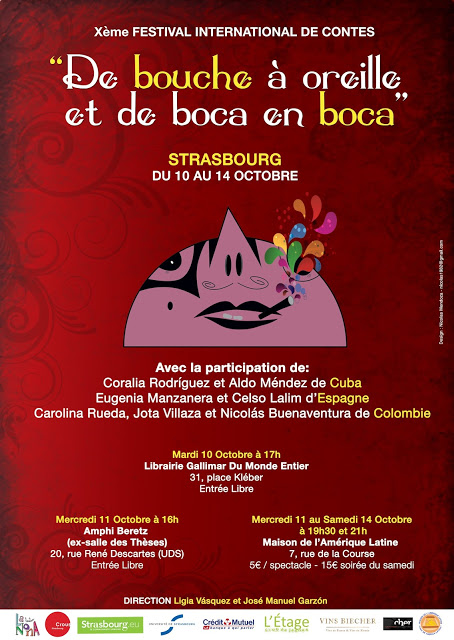 Cartel del Festival internacional de narradores orale "De Bouche à Oreille et de Boca en Boca" (edición 2014). La asociación participa en la organización de este último. 
