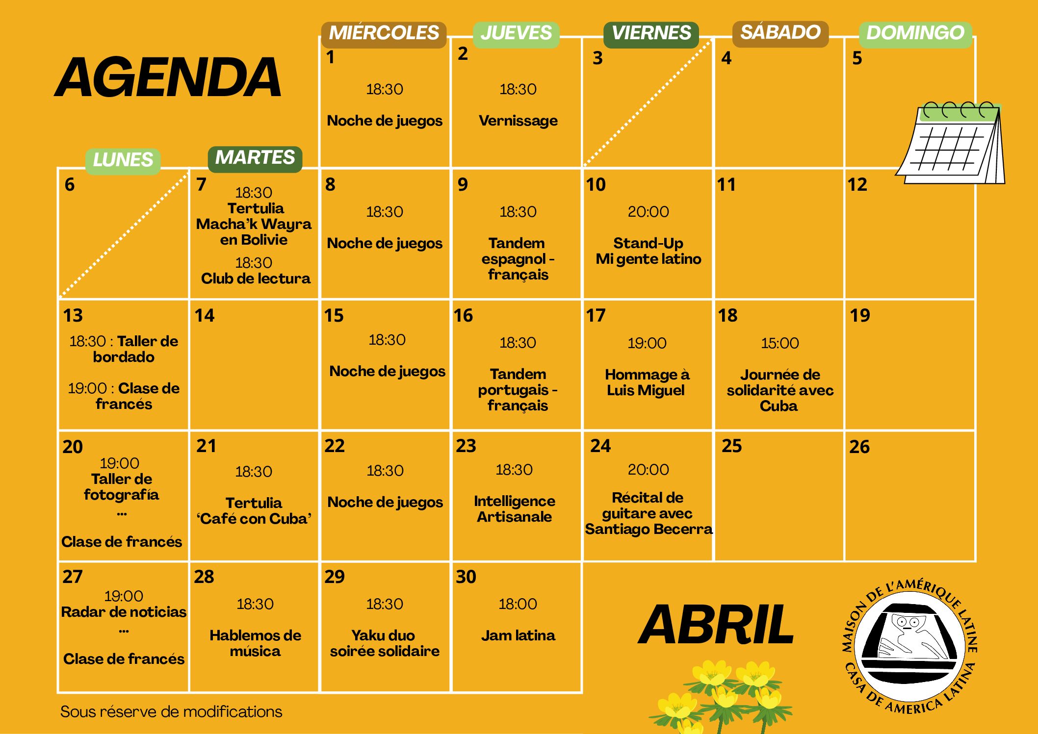 Notre agenda du mois d’avril